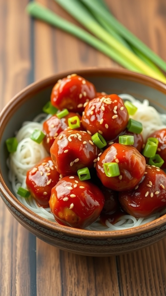 A bowl of sweet and spicy meatballs served over noodles, garnished with green onions and sesame seeds.