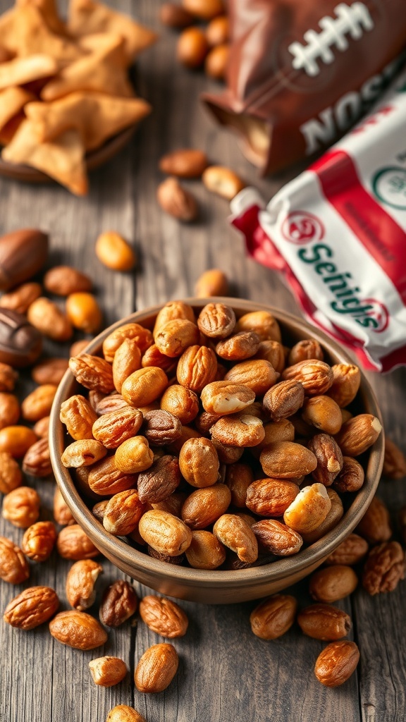 A bowl of sweet and spicy mixed nuts surrounded by other snacks.