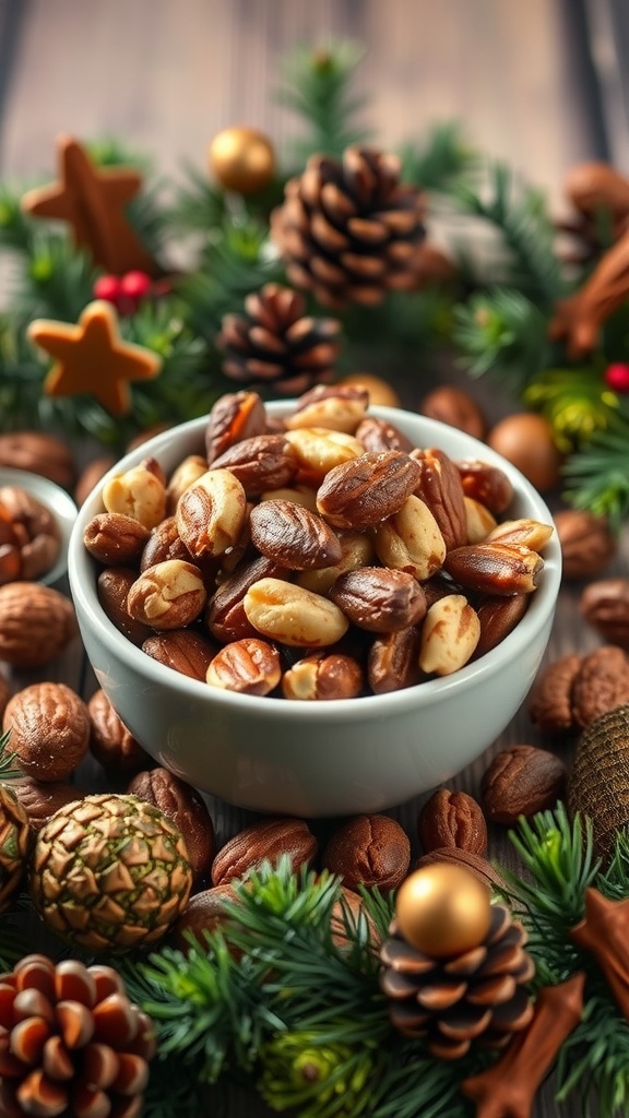 A bowl of sweet and spicy nut mix surrounded by festive decorations.