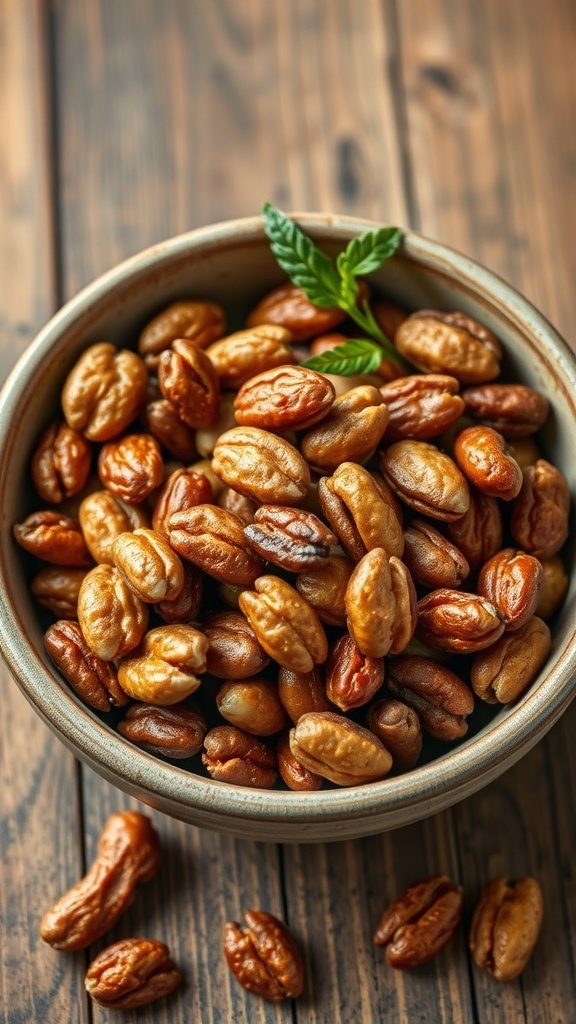 A bowl of sweet and spicy nuts on a wooden table.