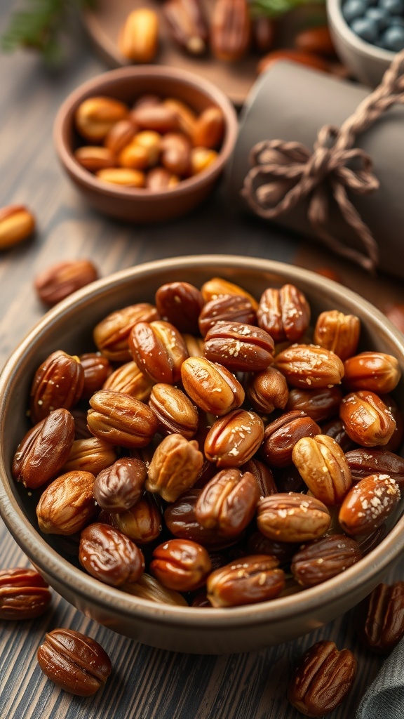 A bowl of sweet and spicy roasted nuts, showcasing a variety of nuts with a shiny finish.