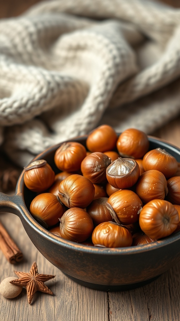 A bowl of shiny roasted chestnuts with cinnamon and star anise, set on a wooden table with a cozy blanket.