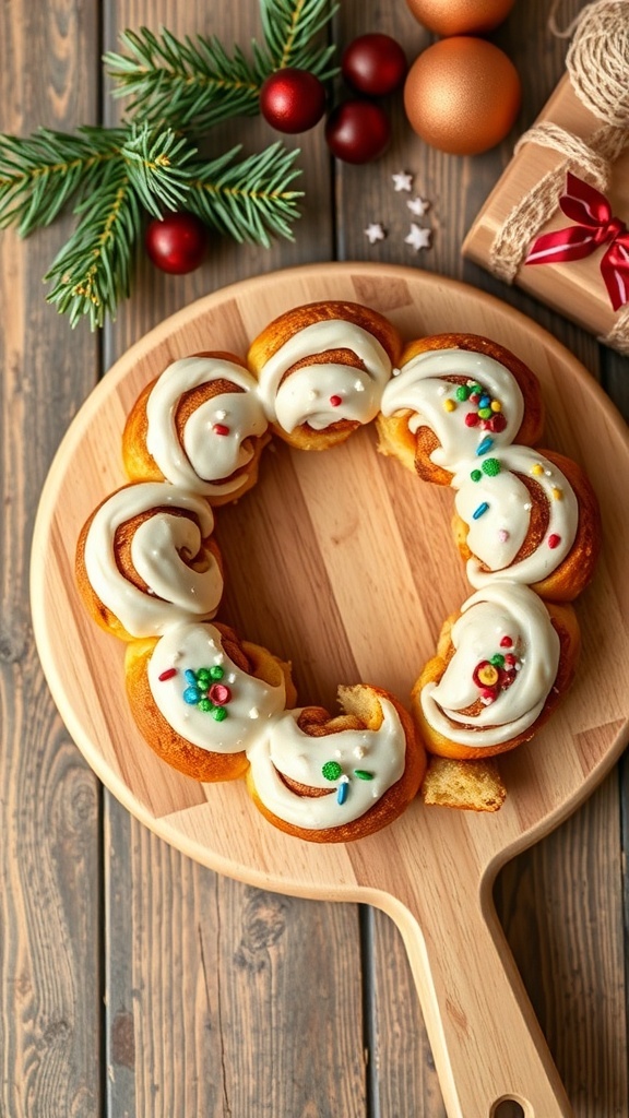 A beautifully arranged Sweet Cinnamon Roll Wreath topped with frosting and colorful sprinkles, surrounded by festive decorations.