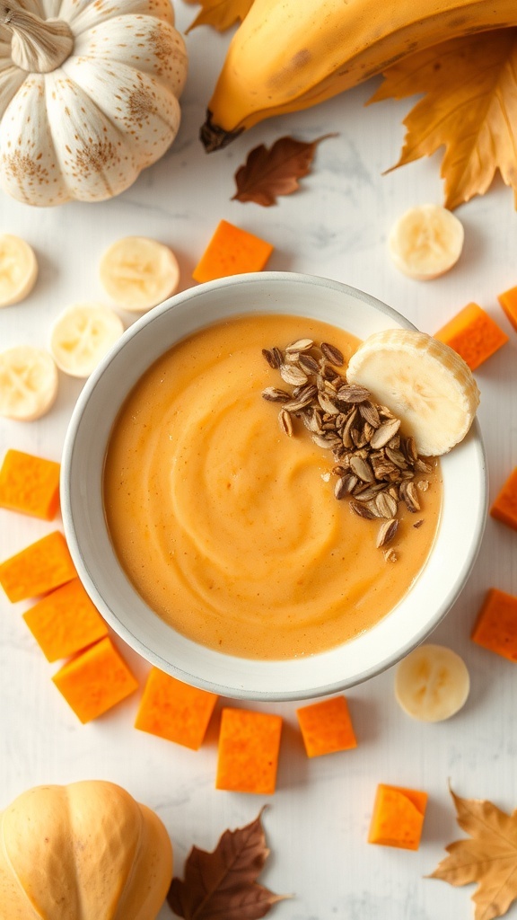 A bowl of sweet potato and banana smoothie surrounded by bananas, sweet potatoes, and orange cubes of sweet potato.