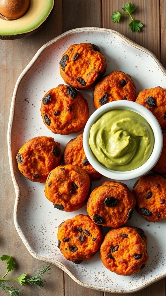 A plate of sweet potato and black bean bites served with avocado dip.