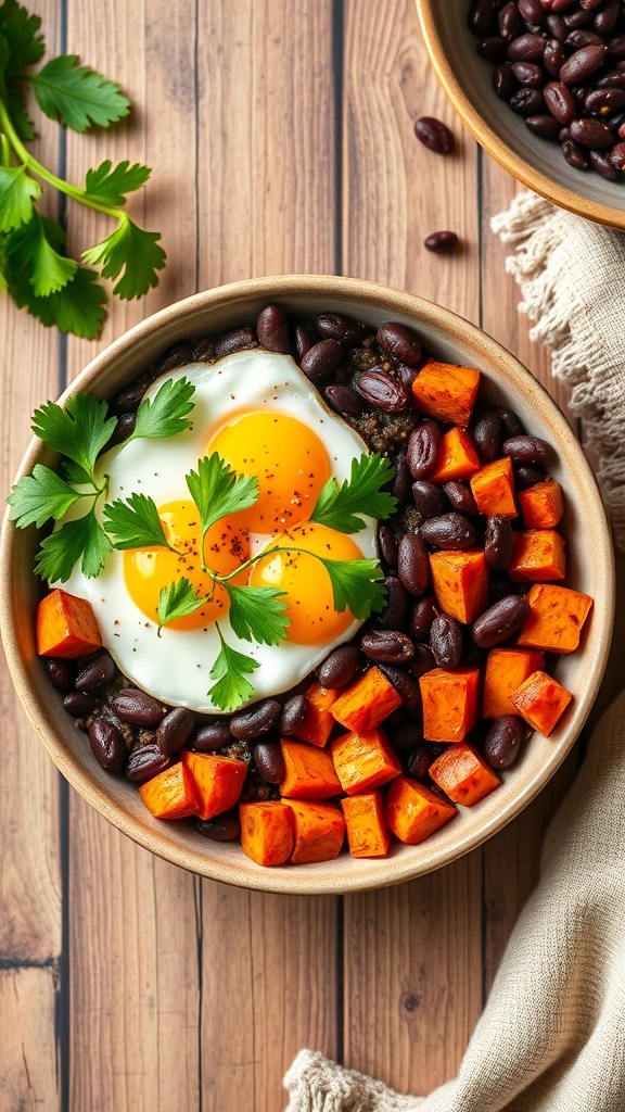 A delicious breakfast bowl featuring roasted sweet potatoes, black beans, and eggs topped with cilantro.