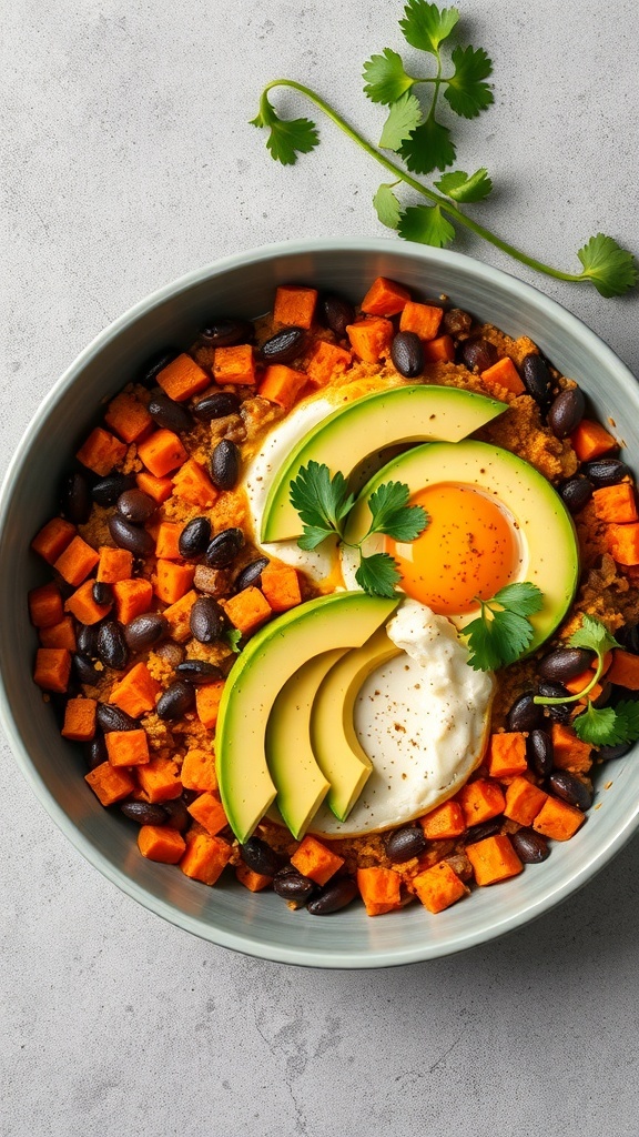 A colorful bowl of sweet potato and black bean casserole topped with avocado and a poached egg