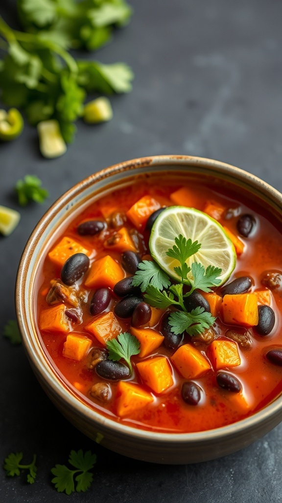A bowl of sweet potato and black bean chili garnished with lime and cilantro.