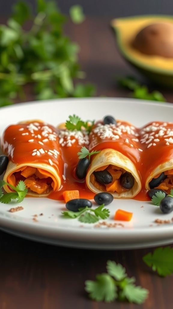 Plate of sweet potato and black bean enchiladas garnished with cilantro and sesame seeds