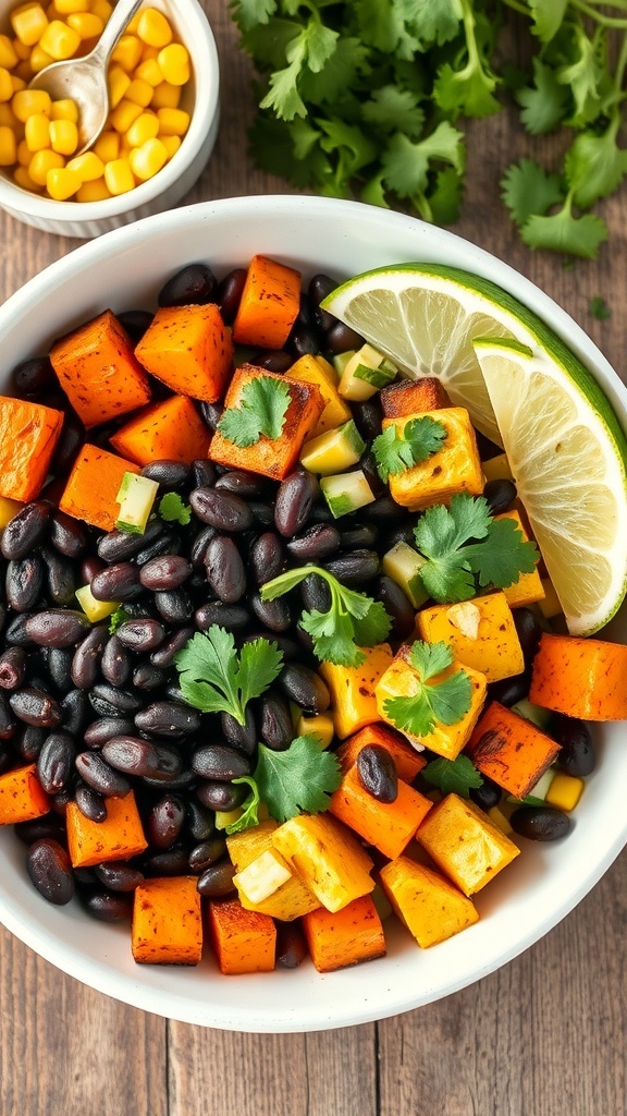 A colorful bowl of sweet potato and black bean salad with lime and cilantro.