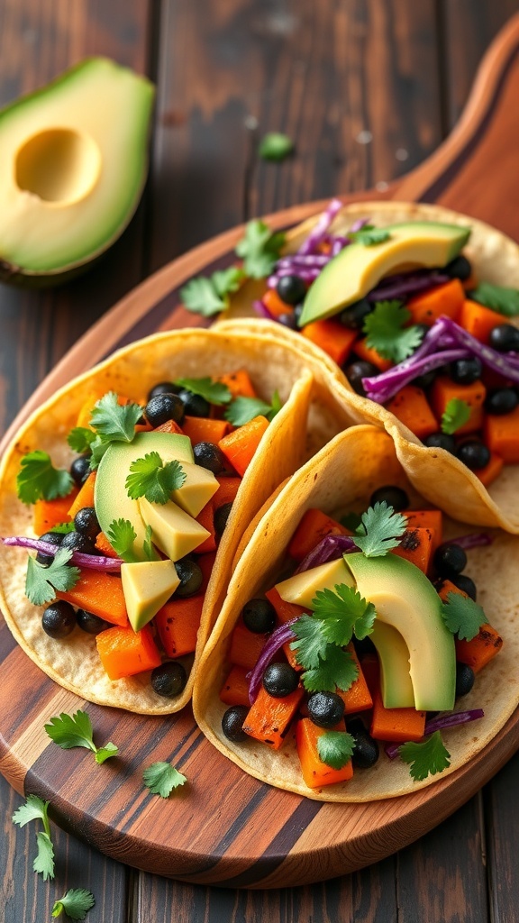 Sweet potato and black bean tacos topped with avocado and cilantro on a wooden board