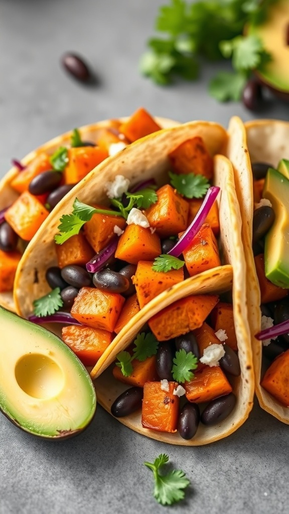 Delicious Sweet Potato and Black Bean Tacos with avocado and cilantro