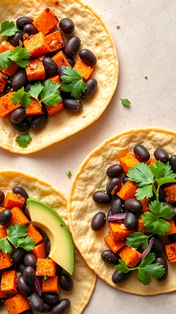 Three tacos filled with sweet potatoes, black beans, and cilantro on a light background.