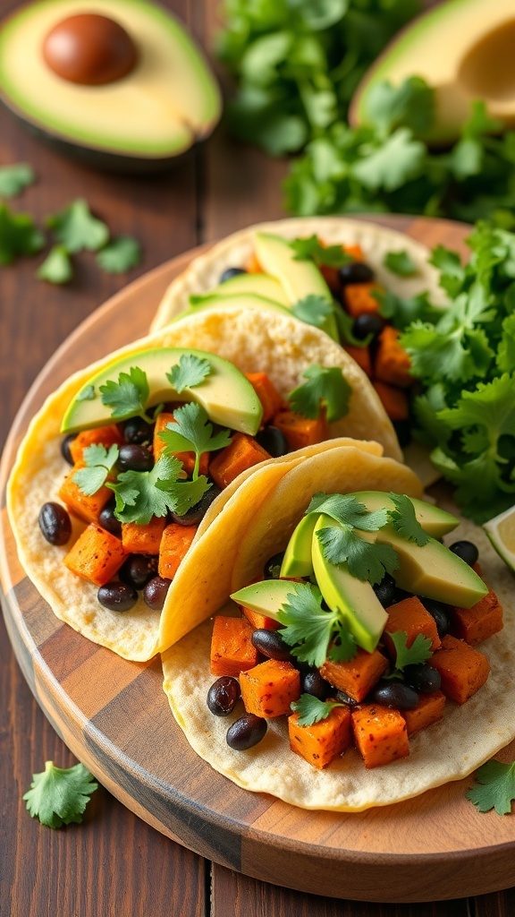 Sweet potato and black bean tacos with avocado and cilantro on a wooden plate