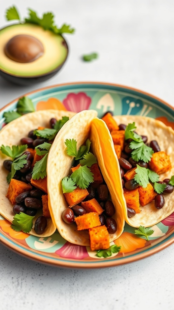 Three sweet potato and black bean tacos topped with cilantro on a colorful plate, with an avocado in the background.