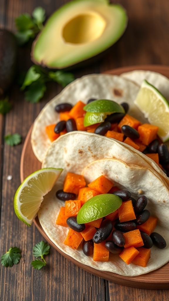 Sweet potato and black bean tacos on a wooden plate with lime and cilantro