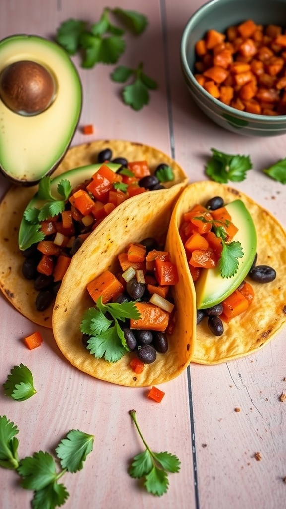 Sweet potato and black bean tacos with avocado and cilantro on a wooden table.