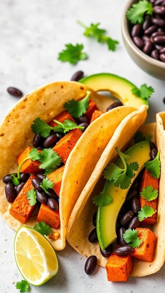 Sweet potato and black bean tacos with avocado and cilantro