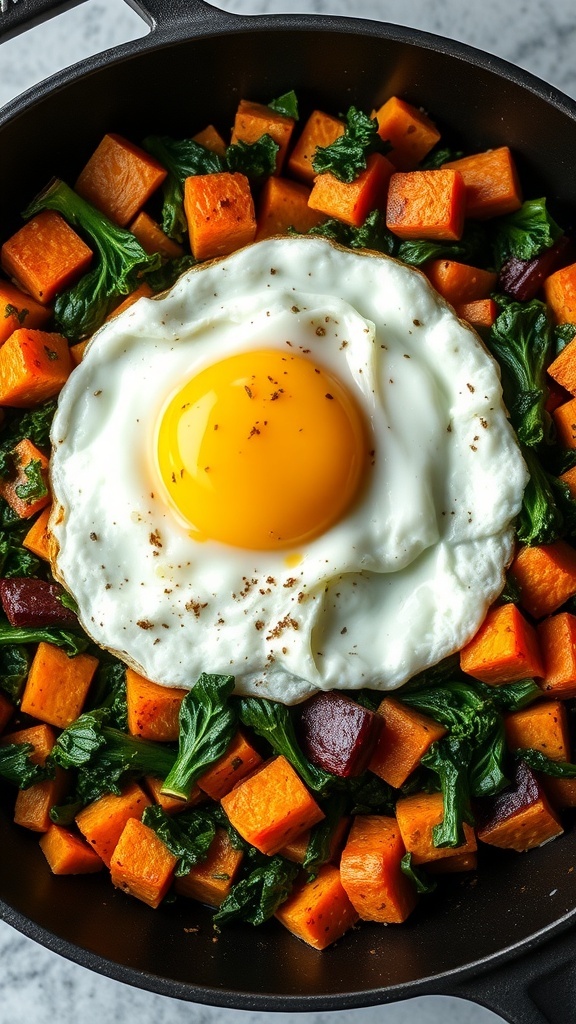 A skillet filled with sweet potato and kale hash topped with a fried egg.