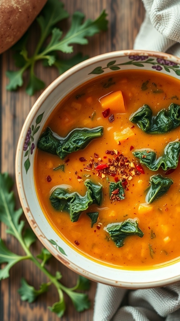 A bowl of sweet potato and kale soup garnished with red pepper flakes, surrounded by fresh kale leaves.