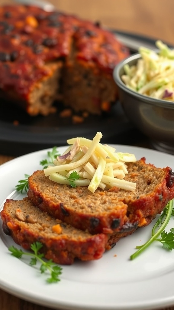 A plate with slices of sweet potato and turkey meatloaf topped with cheese, alongside a bowl of coleslaw.