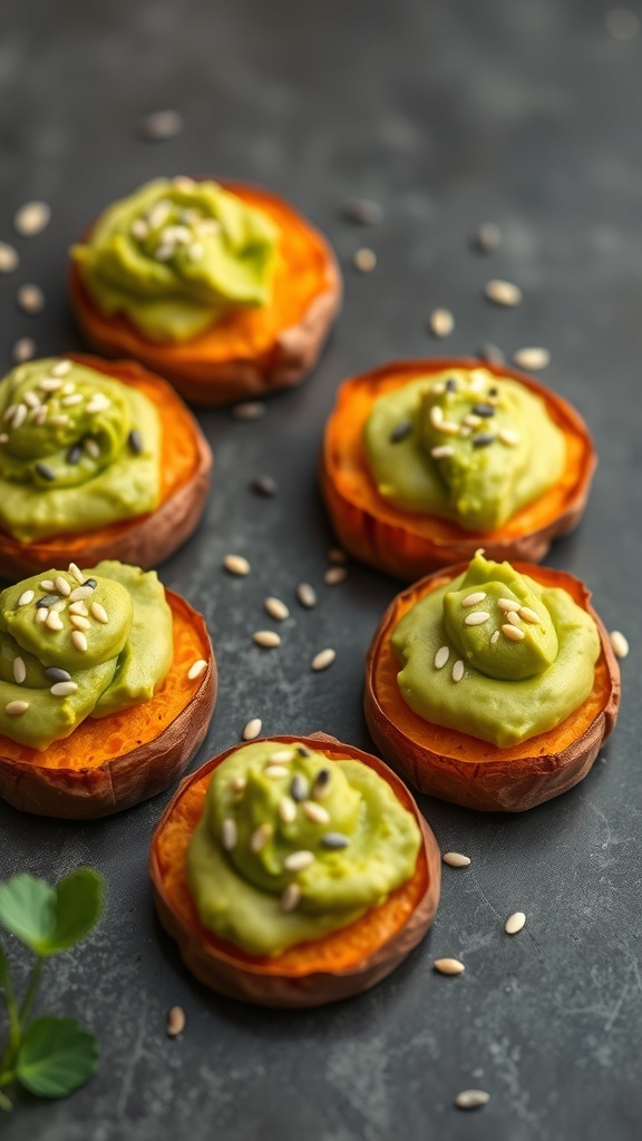 Sweet potato rounds topped with avocado cream and sesame seeds