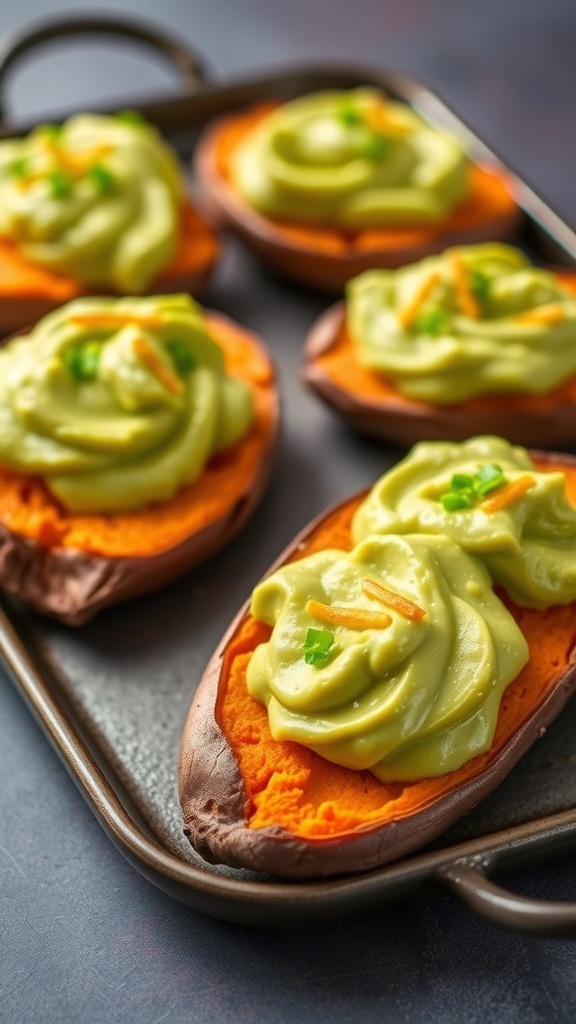 Sweet potato bites topped with avocado and garnished with green onions