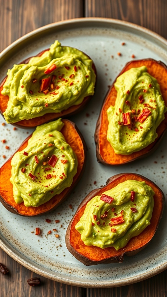 Sweet potato bites topped with avocado and red pepper flakes on a plate.