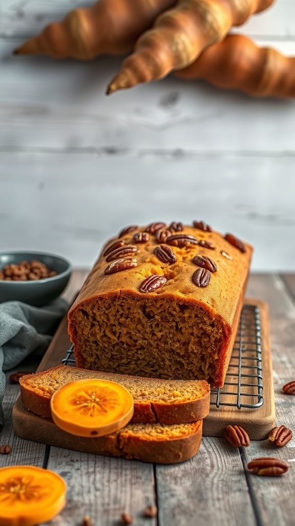 A loaf of sweet potato bread with pecans, sliced and placed on a wooden board, with whole sweet potatoes in the background.