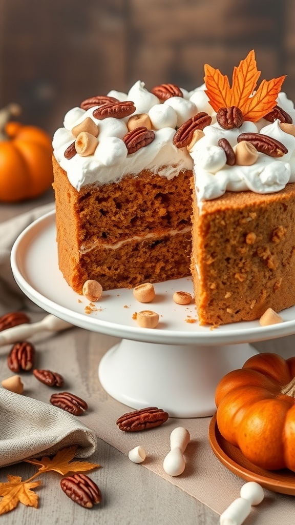 A delicious sweet potato cake with marshmallow frosting, topped with pecans and an autumn leaf, set against a cozy fall backdrop.