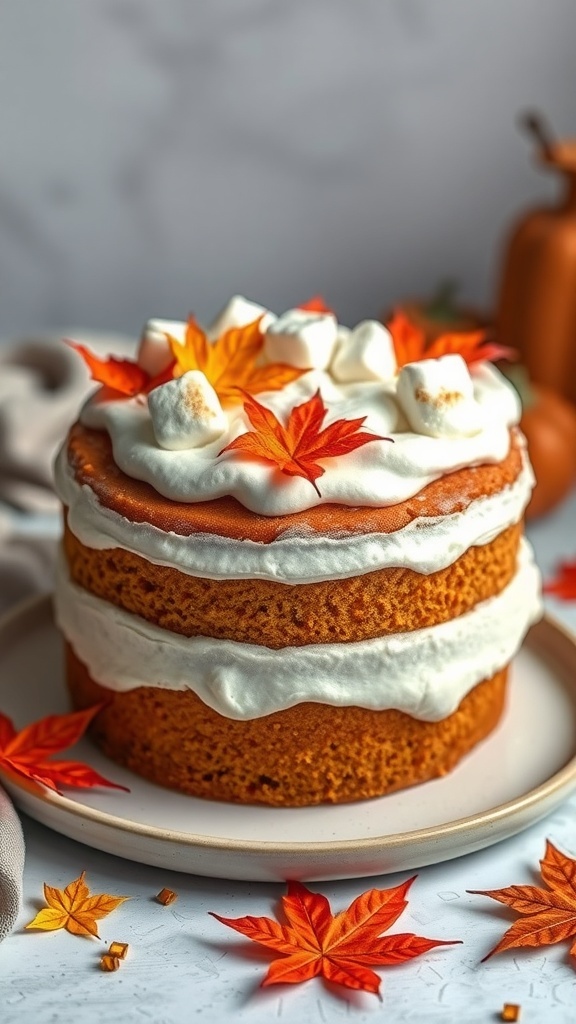 A beautifully decorated sweet potato cake with marshmallow frosting and autumn leaves on top.