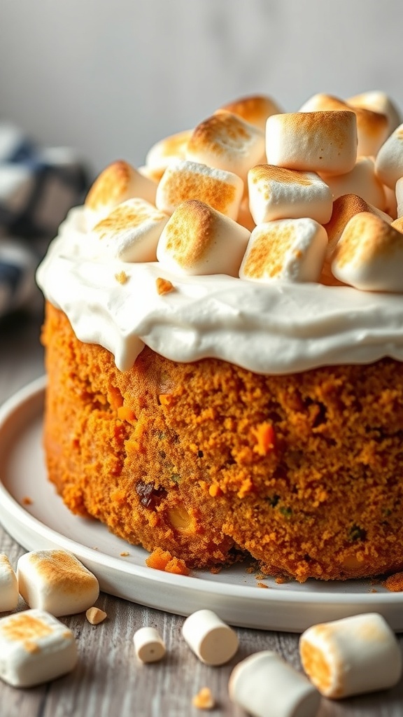 A delicious sweet potato cake topped with marshmallow frosting and toasted marshmallows.
