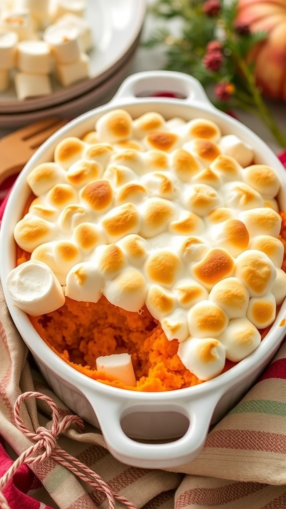 A delicious sweet potato casserole topped with toasted marshmallows, perfect for Thanksgiving.