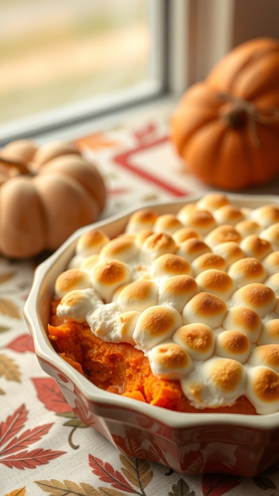 A sweet potato casserole topped with toasted marshmallows, placed near decorative pumpkins.