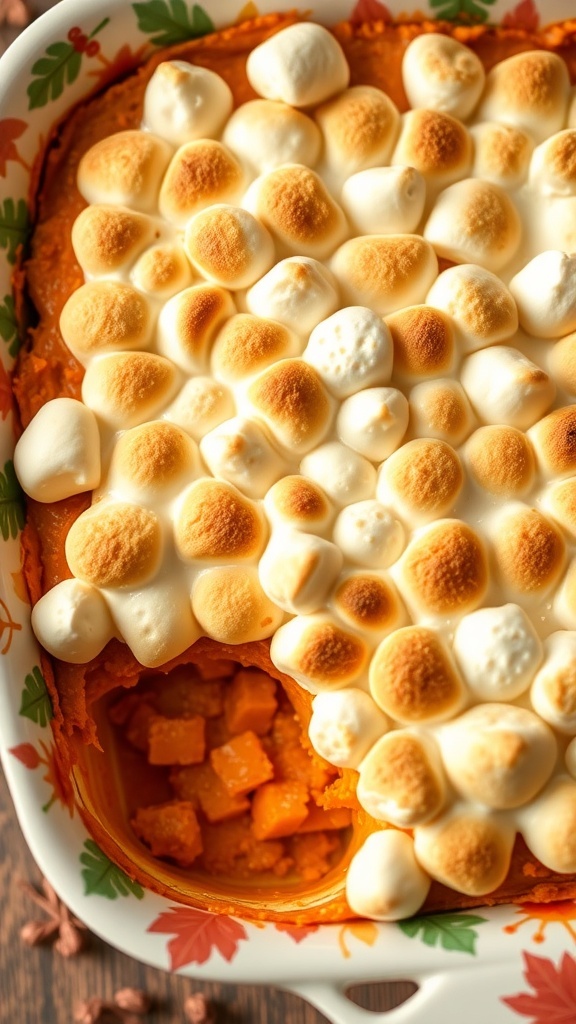 Sweet potato casserole topped with marshmallows in a baking dish