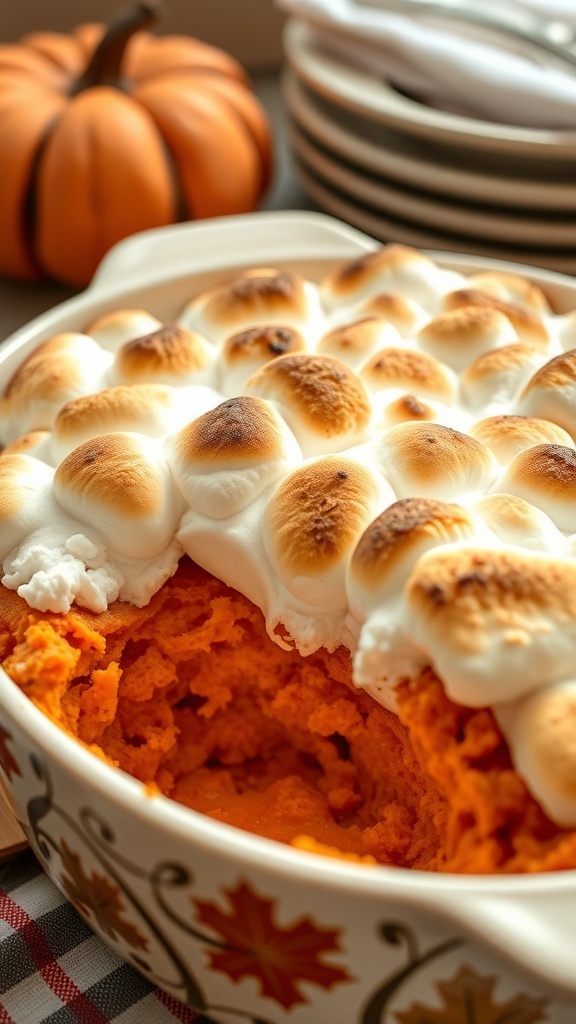 Sweet potato casserole topped with toasted marshmallows, with a pumpkin in the background.