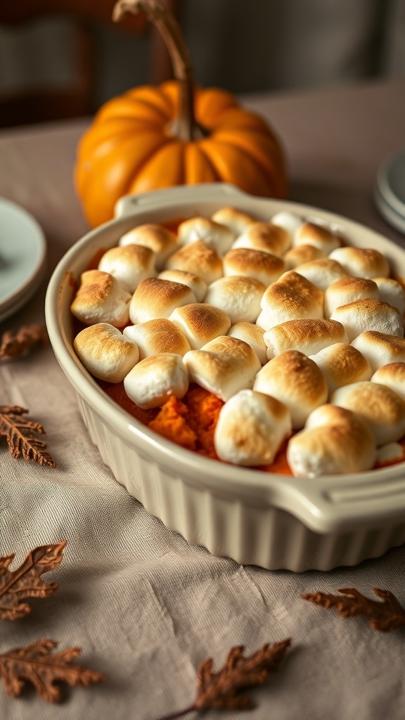 Sweet potato casserole topped with toasted marshmallows, with a pumpkin in the background.