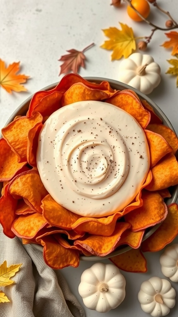 A bowl of sweet potato chips arranged around a creamy dip, decorated with fall leaves and small pumpkins.