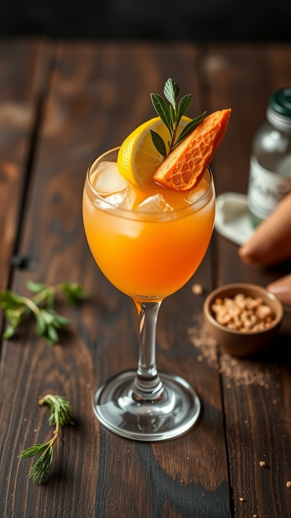 A Sweet Potato Collins cocktail garnished with a slice of sweet potato and mint.