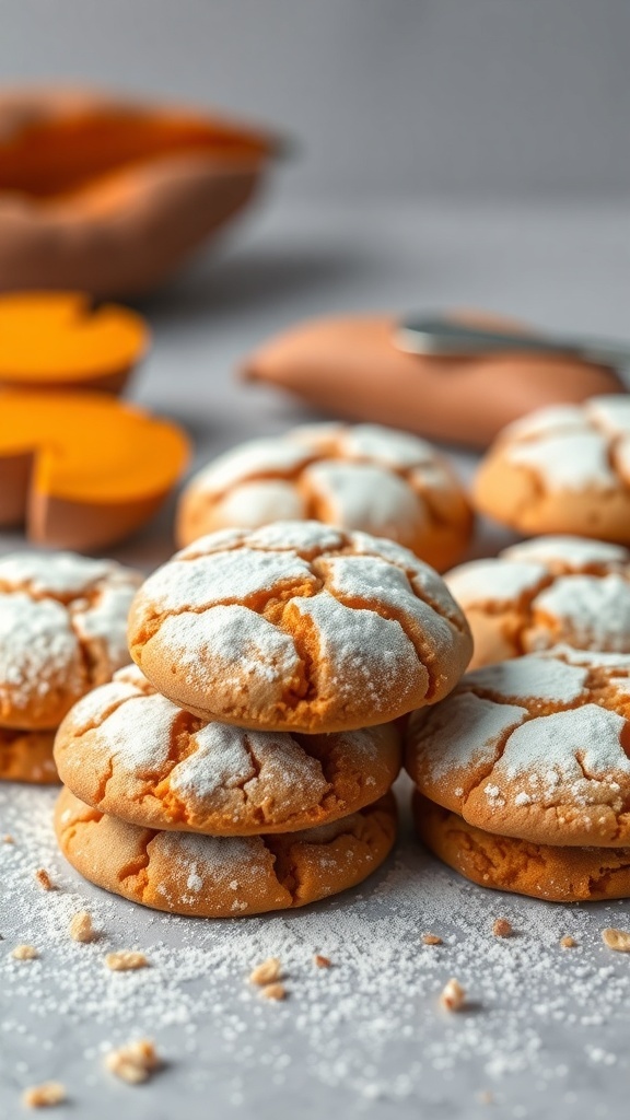Delicious sweet potato cookies dusted with powdered sugar, with sweet potatoes and cookie cutters in the background.