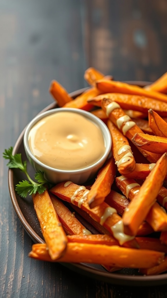 A plate of crispy sweet potato fries served with a creamy dipping sauce.