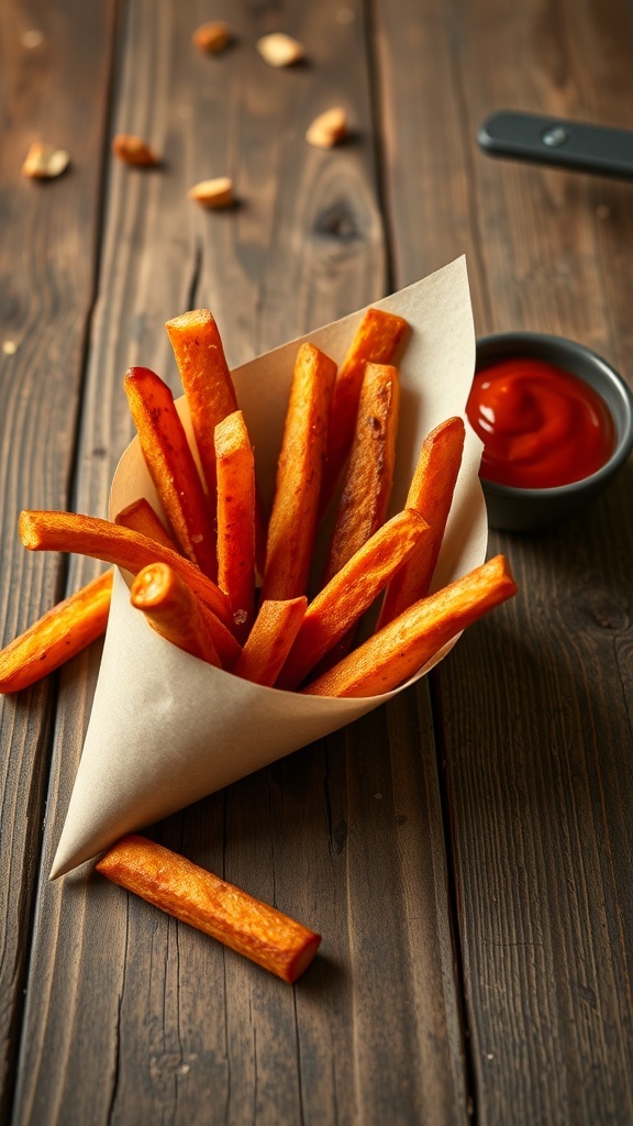 A serving of crispy sweet potato fries in a cone with a side of ketchup.