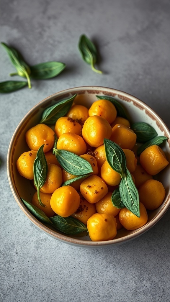 A bowl of sweet potato gnocchi garnished with fresh sage leaves.
