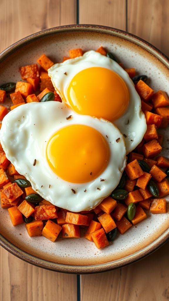 A plate of sweet potato hash topped with two sunny-side-up eggs and pumpkin seeds.