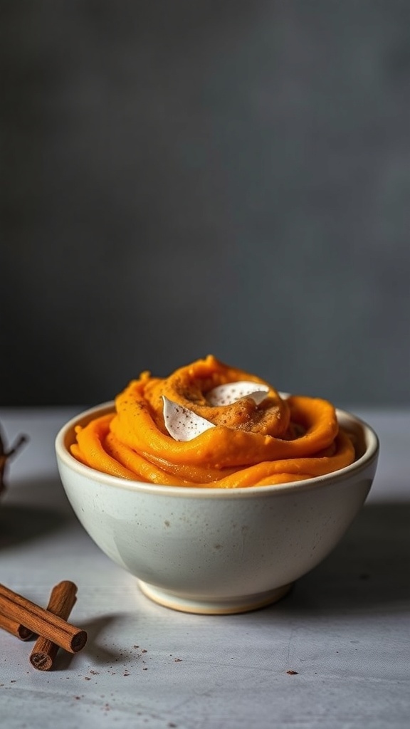 A bowl of sweet potato mash with coconut milk, topped with whipped cream and cinnamon, surrounded by cinnamon sticks.