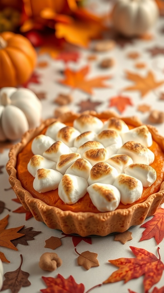 A sweet potato pie topped with toasted marshmallows, surrounded by autumn leaves and small pumpkins.