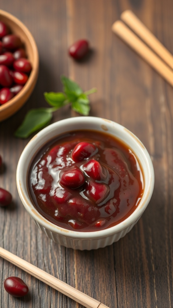A bowl of sweet red bean paste with whole red beans on top, surrounded by red beans and chopsticks.