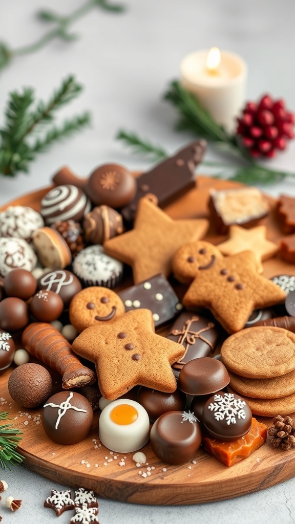 A Christmas charcuterie board featuring gingerbread cookies, assorted chocolates, and festive decorations.
