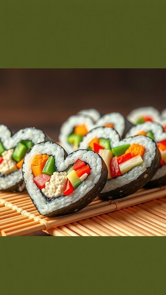 Heart-shaped sushi rolls filled with colorful vegetables on a bamboo mat.