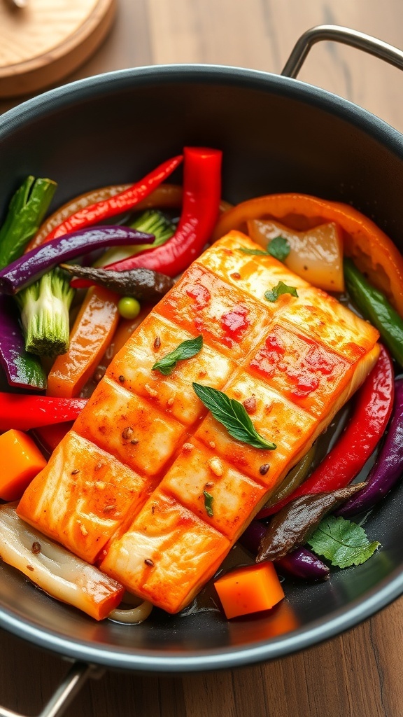A colorful Szechuan salmon stir-fry with vibrant vegetables in a pan.